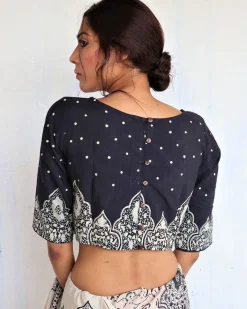 Black Minari Handprinted Crop Top Cotton Blouse - God