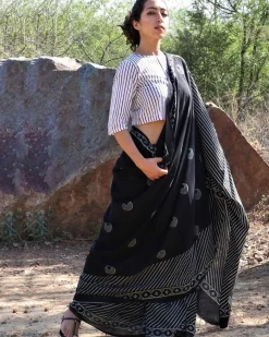Black Moon Hand Blockprinted Cotton Saree