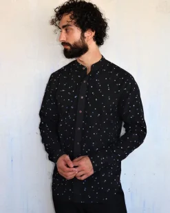 Black Polka Dots Blockprinted Men'S Shirt