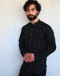 Black Polka Dots Blockprinted Men'S Shirt