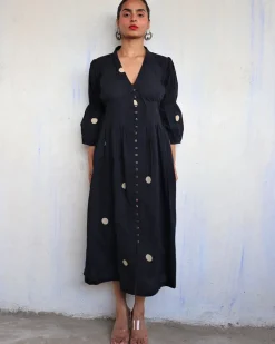 Black Pure Cotton Polka Dot Dress-Mono