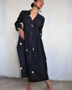 Black Pure Cotton Polka Dot Dress-Mono