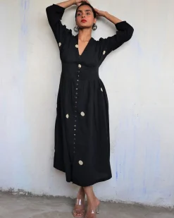 Black Pure Cotton Polka Dot Dress-Mono