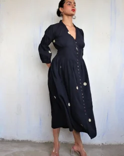 Black Pure Cotton Polka Dot Dress-Mono
