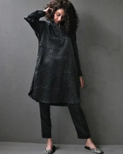 Black Stripe Handprinted Mashru Silk Kurta Set Of 2