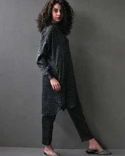 Black Stripe Handprinted Mashru Silk Kurta Set Of 2
