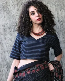 Black With Blue Strip Block Printed Cotton Crop Top Blouse