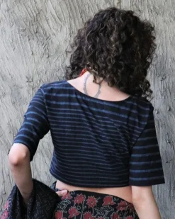 Black With Blue Strip Block Printed Cotton Crop Top Blouse