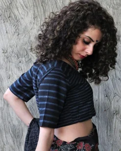 Black With Blue Strip Block Printed Cotton Crop Top Blouse