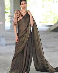 Black Zari Pure Handwoven Linen Saree-Manjari