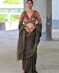 Black Zari Pure Handwoven Linen Saree-Manjari