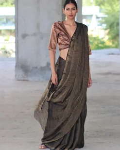 Black Zari Pure Handwoven Linen Saree-Manjari