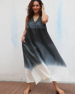 Blackberry Matcha  Handblock Printed Cotton Dress - Mono