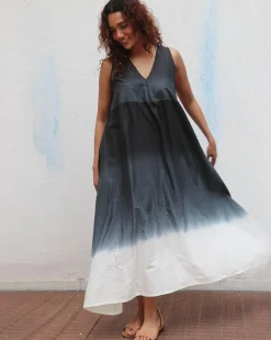 Blackberry Matcha  Handblock Printed Cotton Dress - Mono