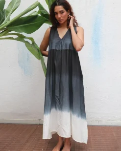 Blackberry Matcha  Handblock Printed Cotton Dress - Mono