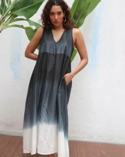 Blackberry Matcha  Handblock Printed Cotton Dress - Mono
