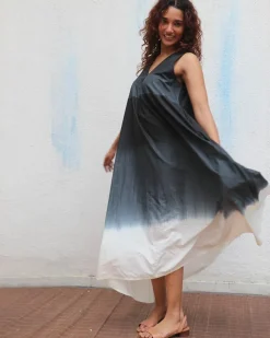 Blackberry Matcha  Handblock Printed Cotton Dress - Mono