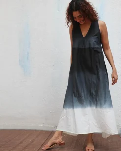 Blackberry Matcha  Handblock Printed Cotton Dress - Mono