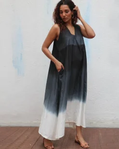 Blackberry Matcha  Handblock Printed Cotton Dress - Mono