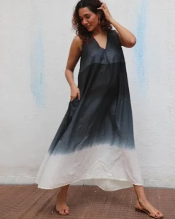 Blackberry Matcha  Handblock Printed Cotton Dress - Mono