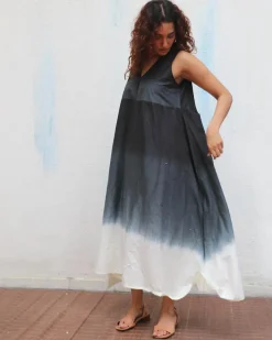 Blackberry Matcha  Handblock Printed Cotton Dress - Mono