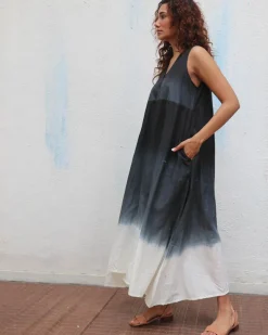 Blackberry Matcha  Handblock Printed Cotton Dress - Mono