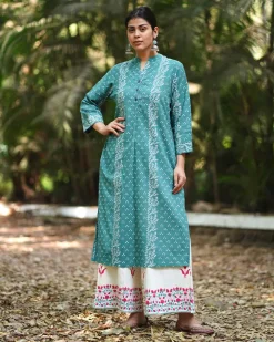 Bliss of Baby’s Breath Teal Green Block Printed Kurti - MMG