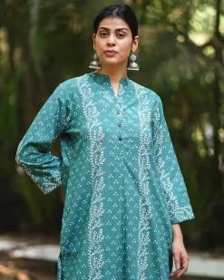 Bliss of Baby’s Breath Teal Green Block Printed Kurti - MMG