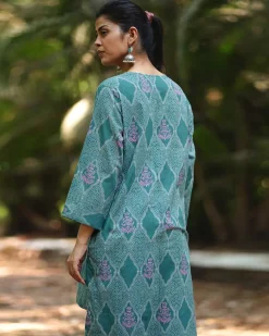 Bliss of Baby’s Breath Teal Green Block Printed Kurti - MMG