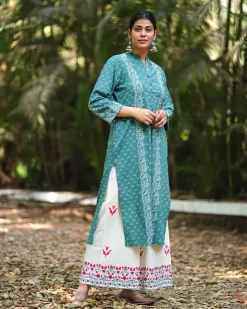 Bliss of Baby’s Breath Teal Green Block Printed Kurti - MMG