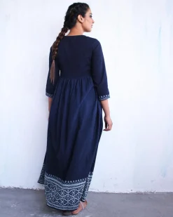 Blue Angarakha Border Blockprinted Cotton Dress