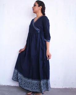 Blue Angarakha Border Blockprinted Cotton Dress