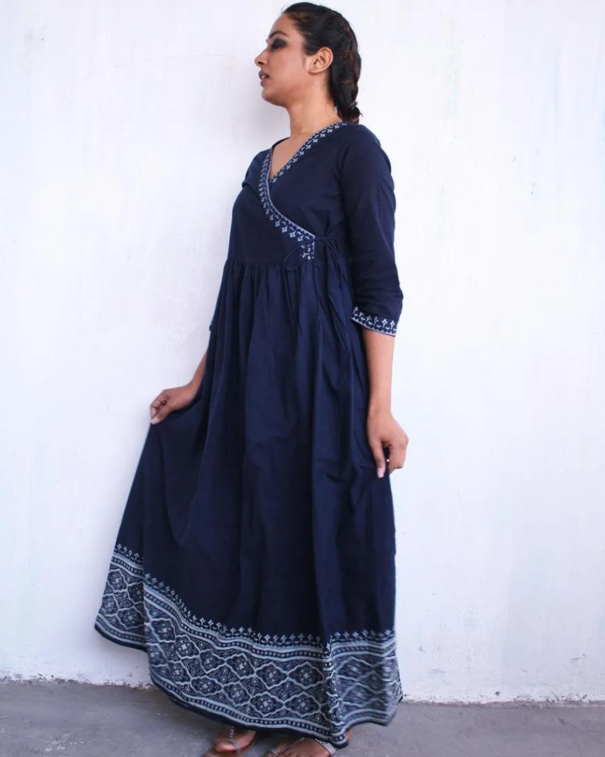 Blue Angarakha Border Blockprinted Cotton Dress