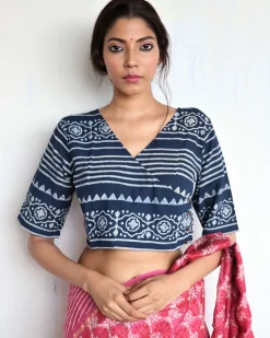 Blue Angarakha Handprinted Cotton Crop Top Blouse - God