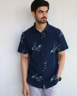 Blue Bird On Branch Block-Printed Men'S Shirt