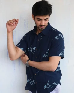 Blue Bird On Branch Block-Printed Men'S Shirt