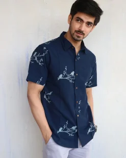 Blue Bird On Branch Block-Printed Men'S Shirt