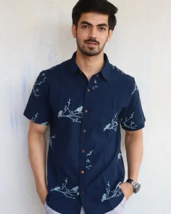 Blue Bird On Branch Block-Printed Men'S Shirt