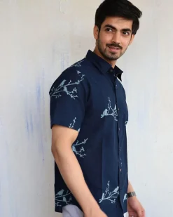 Blue Bird On Branch Block-Printed Men'S Shirt