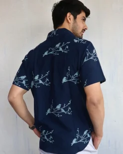 Blue Bird On Branch Block-Printed Men'S Shirt