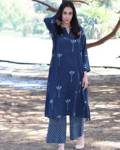 Blue Block printed Cotton Kurta With Palazzo (Set Of 2)