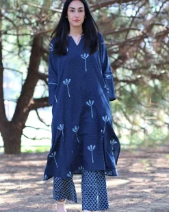 Blue Block printed Cotton Kurta With Palazzo (Set Of 2)