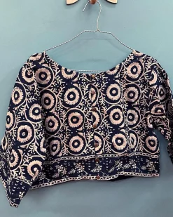 Blue Block Printed Crop Top Cotton Blouse