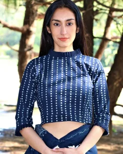 Blue Blockprinted Cotton Crop Top With Frills