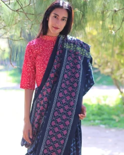 Blue Blockprinted Cotton Mul Saree