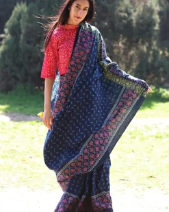 Blue Blockprinted Cotton Mul Saree