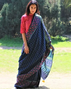 Blue Blockprinted Cotton Mul Saree