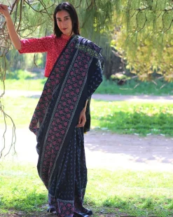 Blue Blockprinted Cotton Mul Saree