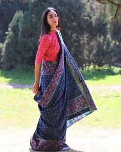 Blue Blockprinted Cotton Mul Saree