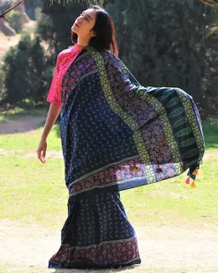 Blue Blockprinted Cotton Mul Saree